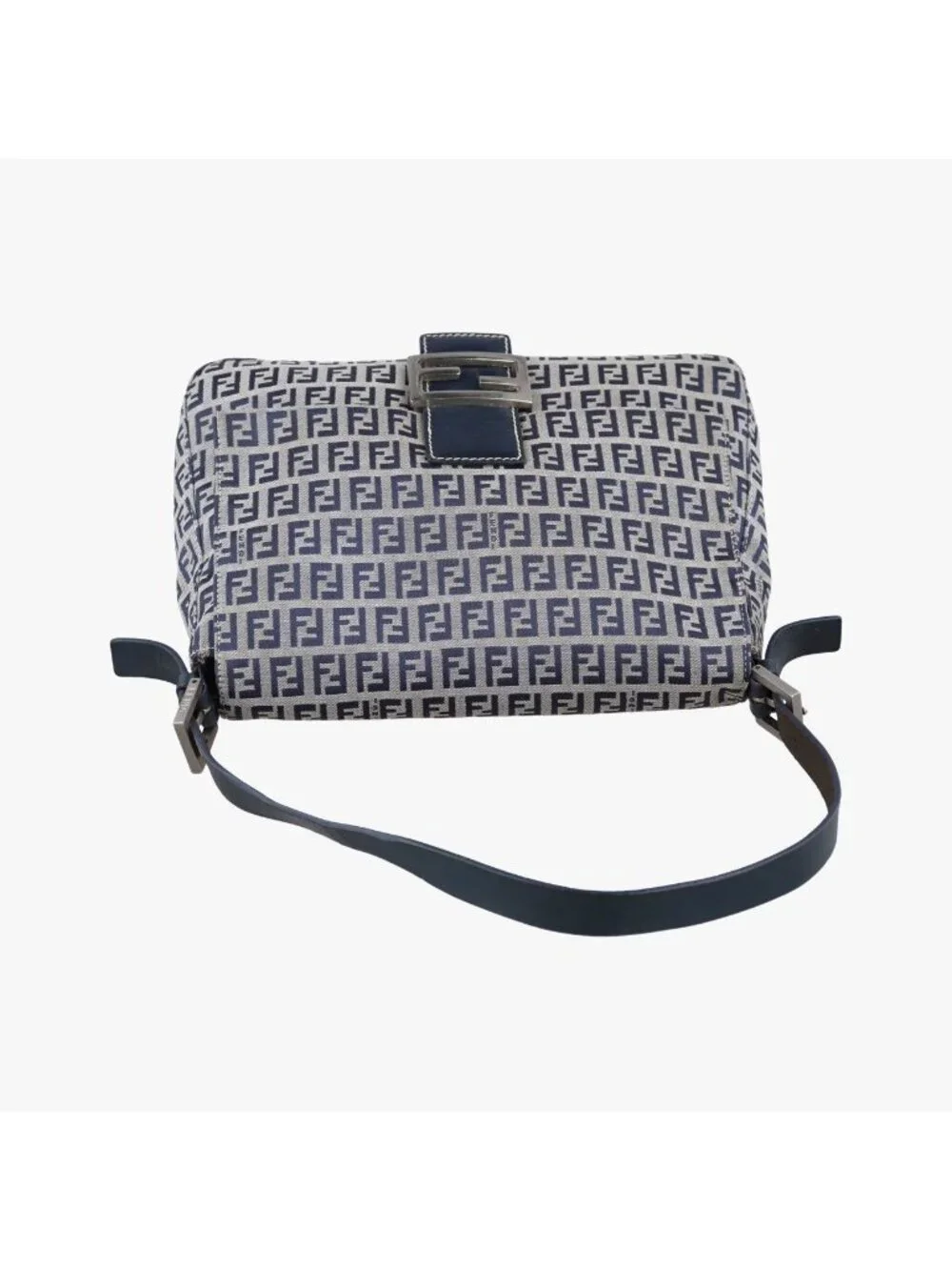 Fendi Mamma Bucket Zucchino Pattern Navy Gray Canvas Leather Shoulder